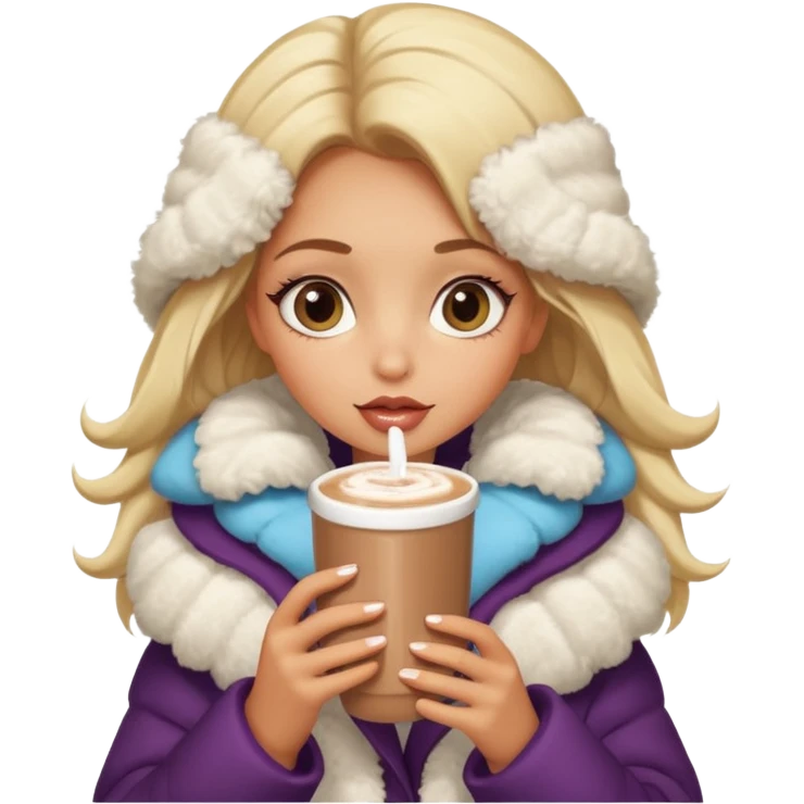 Tanned Girl with lashes , blonde hair, in an extremely big fluffy oversized coat and hold hot chocolate drink and big eyes like dog, big lip emoji
