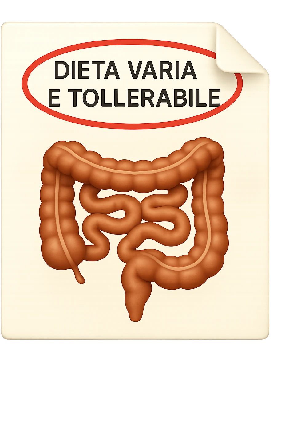 emoji stile iphone di un foglio con un INTESTINO disegnatO sopra e la scritta "DIETA VARIA E TOLLERABILE" CERCHIATA IN ROSSO, iperrealistico 4k, isolato su sfondo bianco emoji