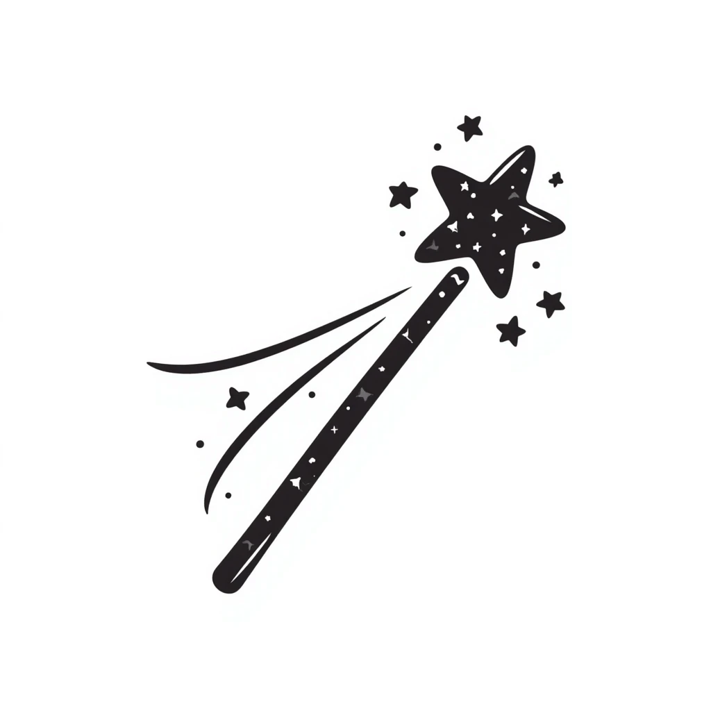 Hand-drawn magic wand with sparkly star tip and magical effect emoji