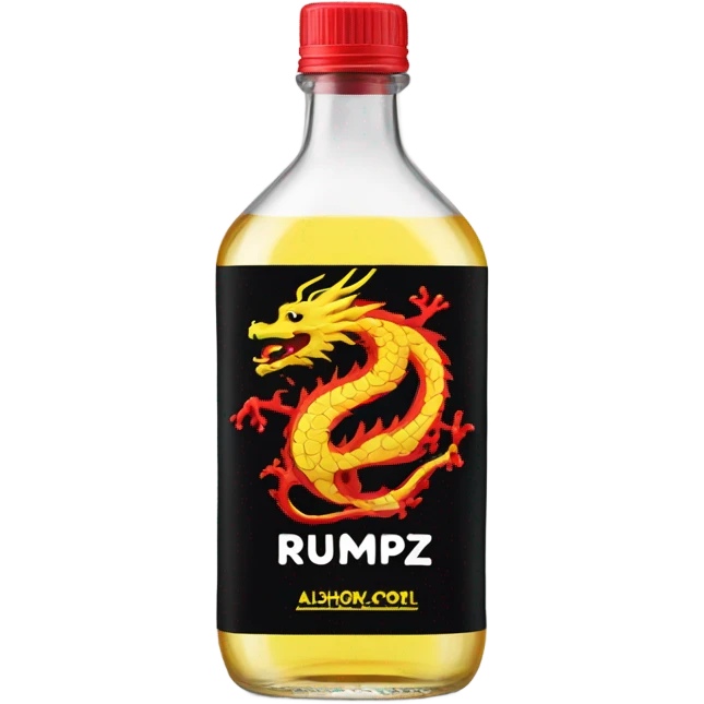 clear bottle with clear alcohol with yellow dragon on a black and red label that says “RUMPZ” alcohol emoji