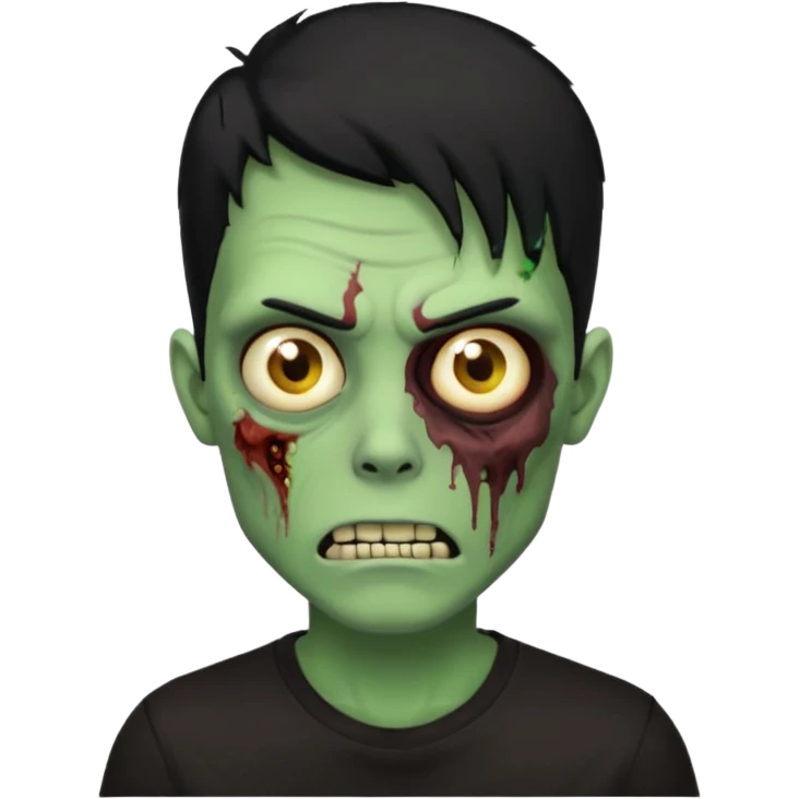 Zombie Emoji AppleIOS Style, lowfade Black Hair, and Black T-shirt, Green Skin, normal expression emoji