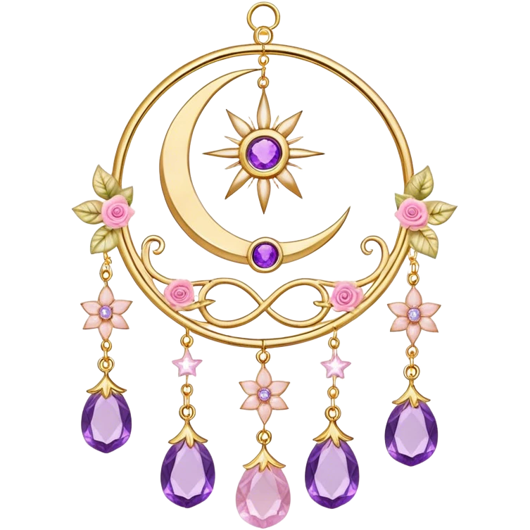 Epic beautiful gorgeous cute gold suncatcher, threads with shiny sparkly amethyst and rose-quartz gemstones, flowers, crescents-moons, stars emoji