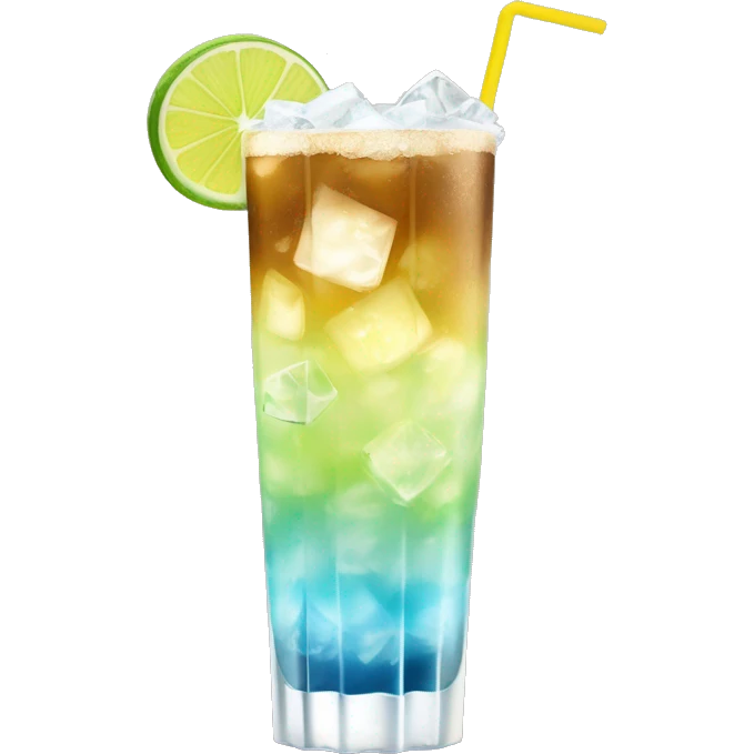 a tall and thin highball cocktail with 2 colors, brown on the bottom and light yellow on top with crush ice and a straw, juste one drink, clear separation between colors, grated lime on top of ice, really thin crushed ice emoji