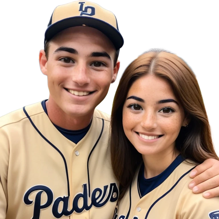 *White* couple smiling. Woman has big cheeks and a lot of freckles on the nose. long brown hair. Man has black and very short hair and prominent eyebrows with egipcian nose. Both are wearing “Los Padres” baseball jerseys and with a sign that says “Go Padres!” emoji
