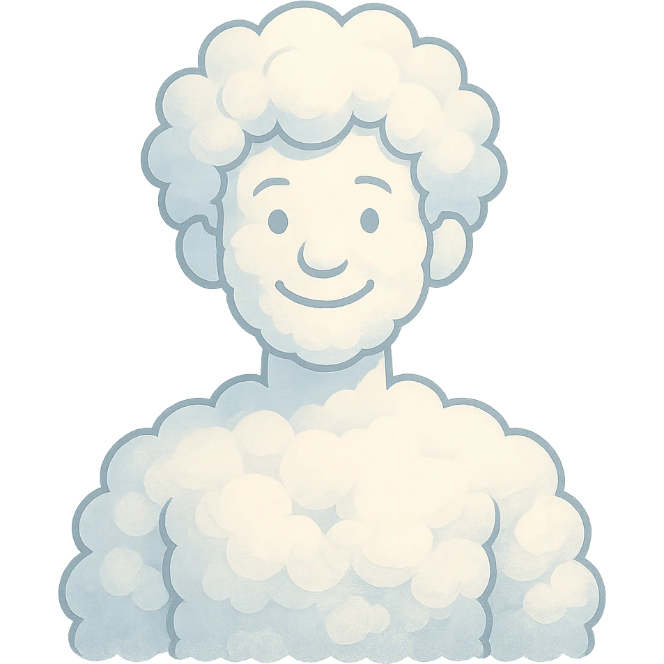 bright and recognizable person from shoulders, front view, composed of cloud-like shapes similar to reference, no text emoji