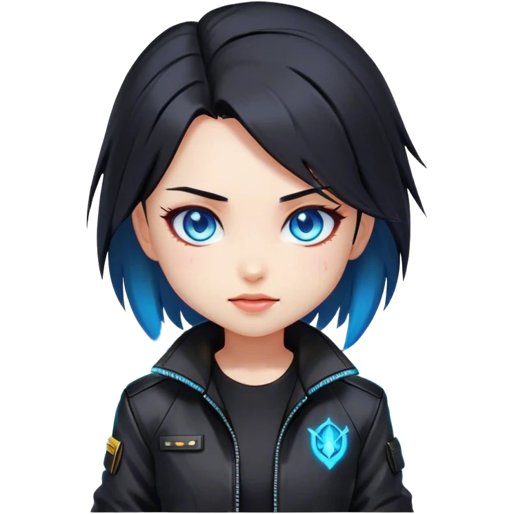 Black hair cyberpunk 2077 chibi girl with blazing blue eyes and black jacket. All emotion reaction happy emoji