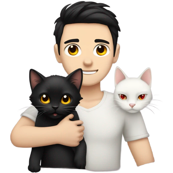 pale guy with black hair, red eyes and tattooed holding a cute black cat emoji
