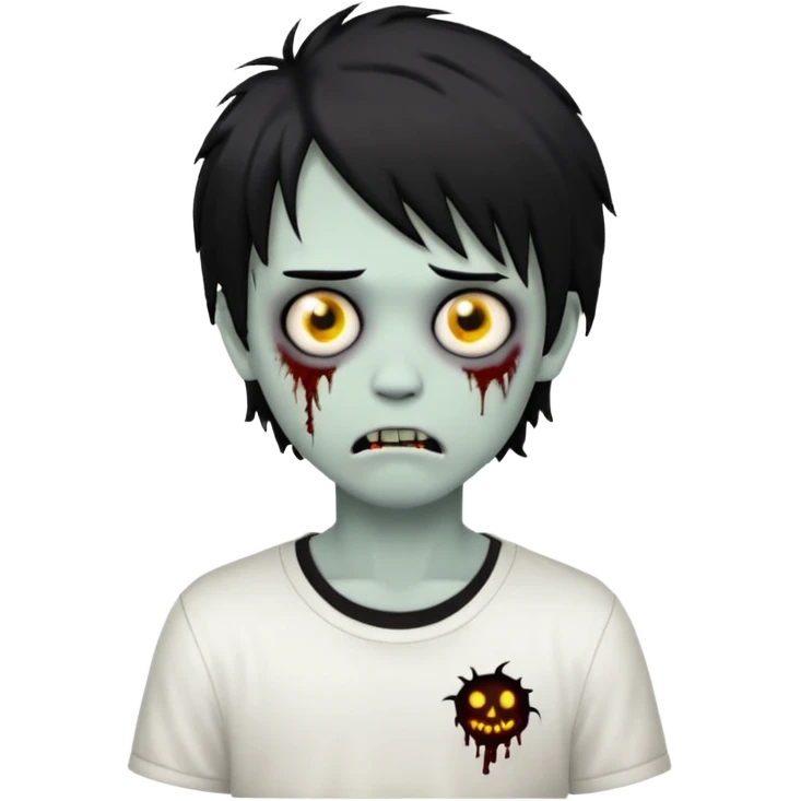 boy zombie with black, medium-long, emo, shaggy hair, dark and spooky, creepy expression, wearing a white shirt, emoji style emoji