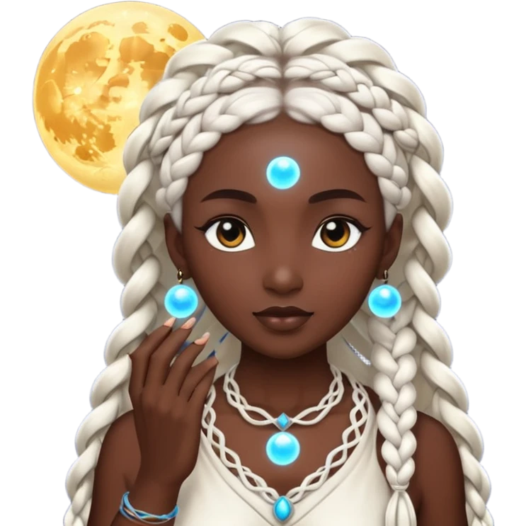 dark skin moon mystic woman white braids glowing orb emoji
