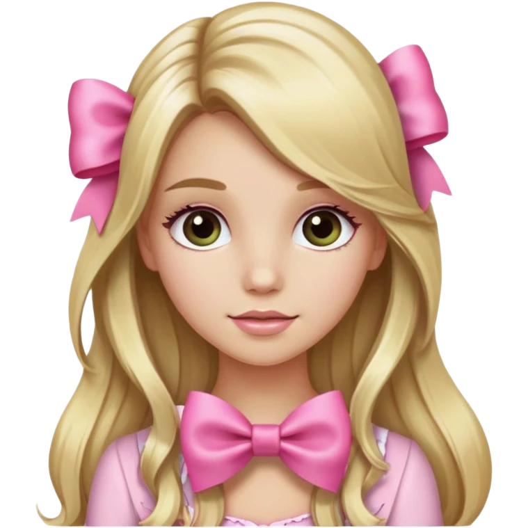 Pretty blonde bombshell girl with long hair and highlights. She has long eyelashes and a pink bow in her hair. She is holding a grea emoji
