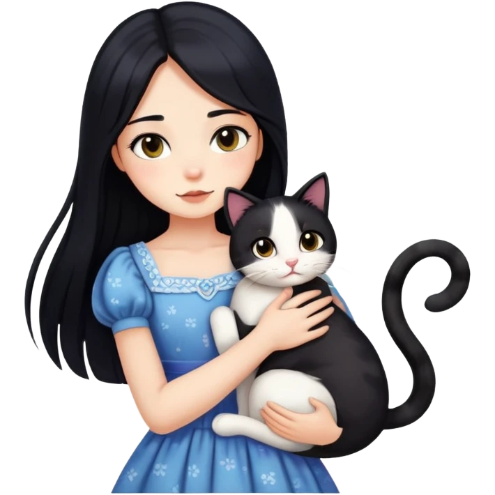 A beautiful girl with long black hair wearing a dress hugs a cat of three colors emoji