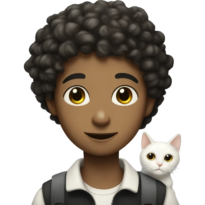 curly headed boy with white cat with large black spots emoji
