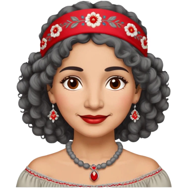 Latina woman, about 50 years old, warm light brown skin, round soft face, curly black and gray hair, red and white headband, medium eyes, thin eyebrows, gentle smile, gray peasant blouse with embroidery, bare shoulders, large dark necklace emoji