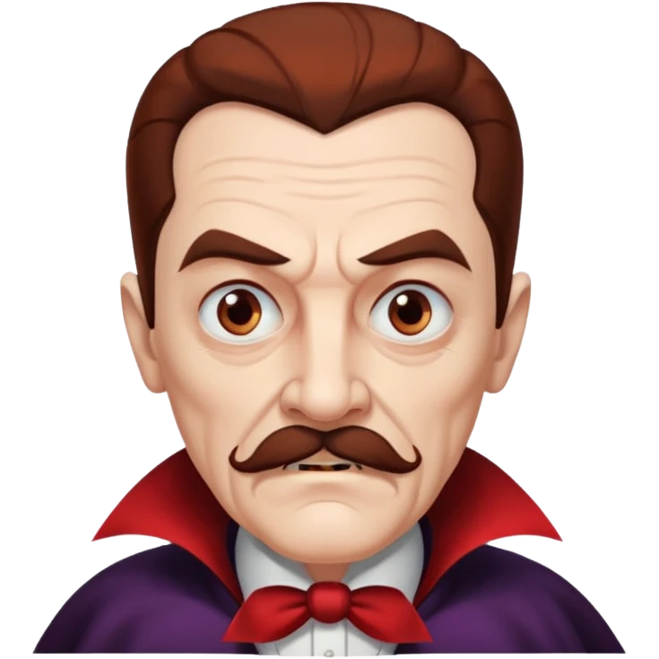 An elderly man with slicked-back reddish-brown hair, sharp brown eyes under heavy brows, and a white mustache, giving him a stern, Dracula-like appearance.  emoji