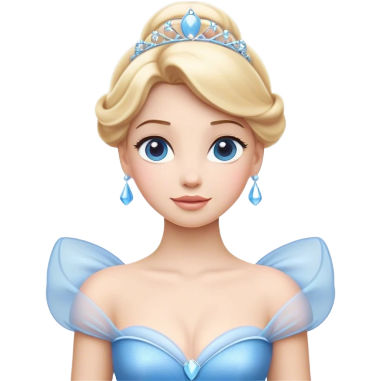 Cinematic Elegant Cinderella Portrait Emoji, rendered in a flat, vector-style with minimal shading and bold, simplified shapes. Depict Cinderella in her classic ball gown (chest and above) with fair, porcelain skin and elegantly styled blonde hair, her eyes soft and kind, and her expression serene and graceful. The design glows with a gentle, enchanting radiance and high shine, capturing the timeless beauty of a fairy tale princess. emoji