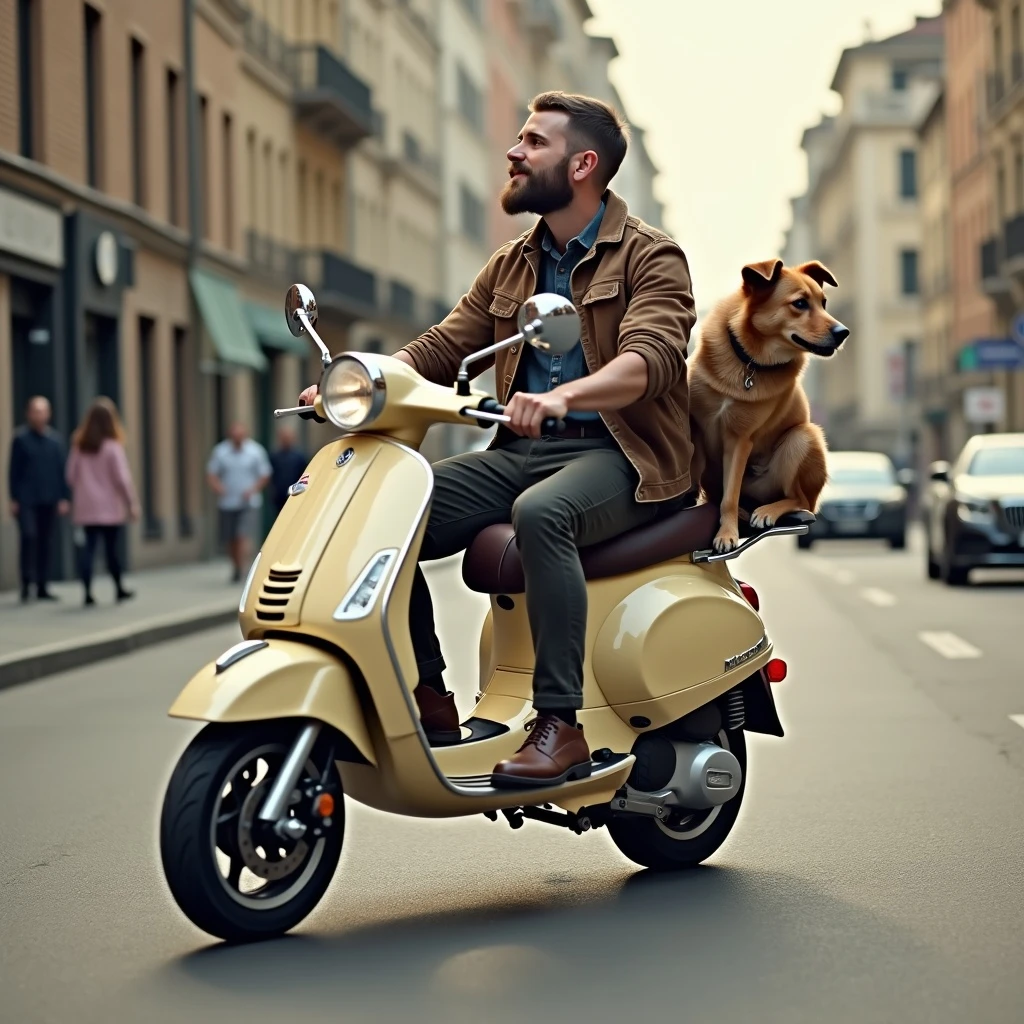 man and his pet dog riding a vespa emoji