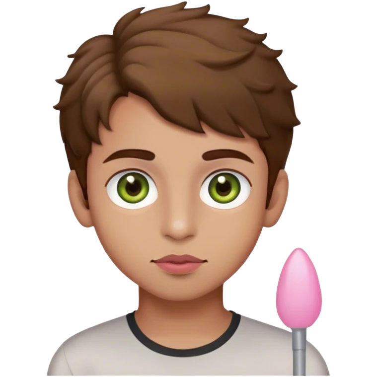 Pakistani boy  with hazel green eyes, brown hair slightly curly, and olive to light skin, and pink lips emoji