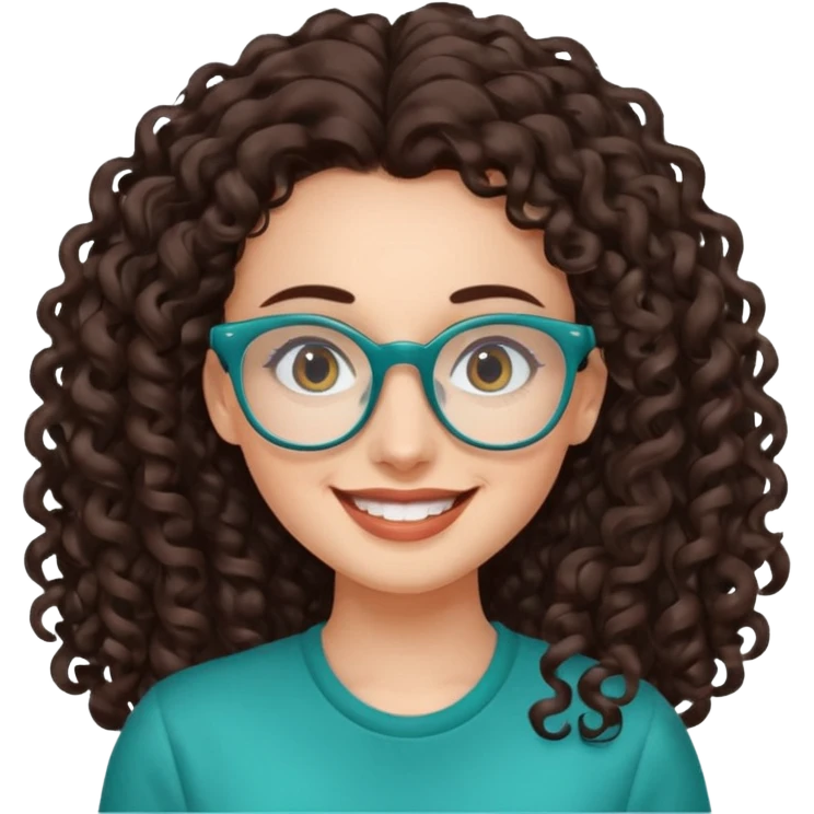 woman with extra large forehead, very long dark brown curly hair, teal glasses, smiling emoji