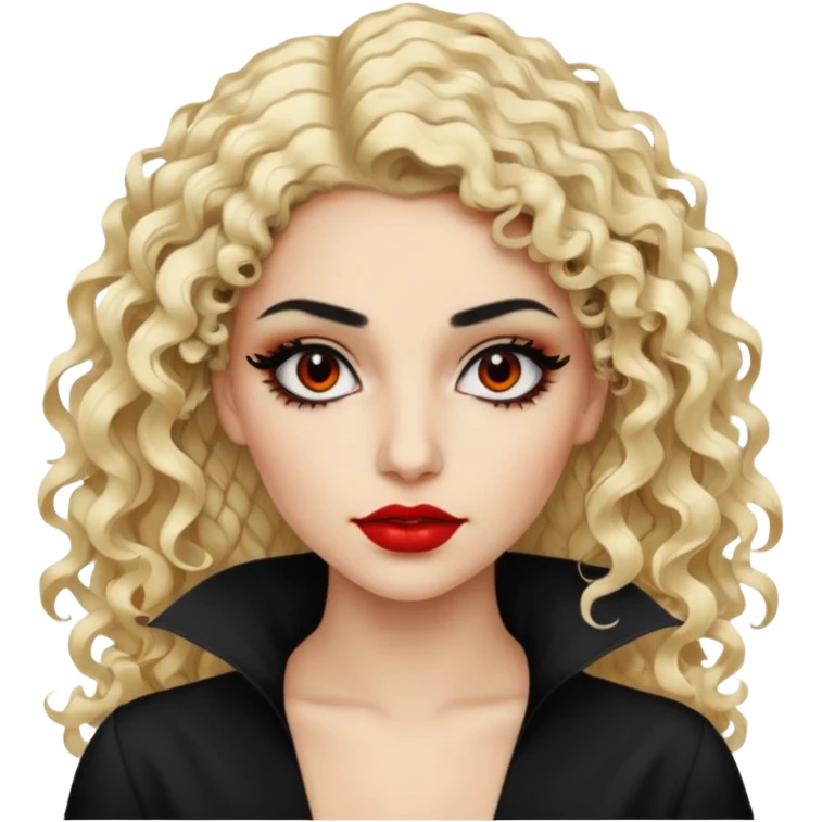 Pale Saudi beauty, pretty baddie, black eyeliner red lipstick, split dye leftside blonde rightside black curly hair emoji