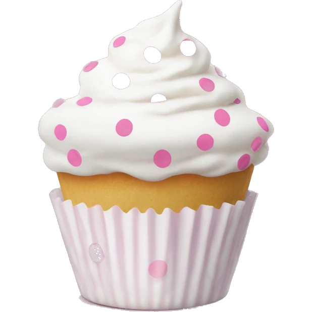 White frosted cupcake with pink polka dot cup liner emoji