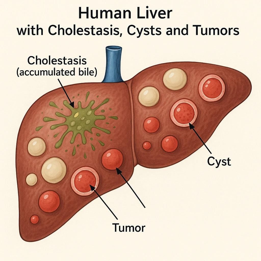 medical illustration of human liver with cholestasis (accumulated bile), cysts and tumors, different conditions highlighted with specific colors and signs, clear, informative and scientific style emoji
