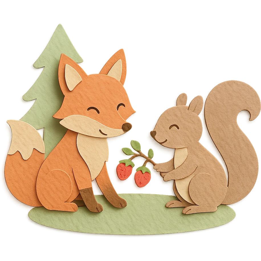 fox and squirrel sharing berries, forest friendship scene, soft pastel colors, paper-craft style emoji