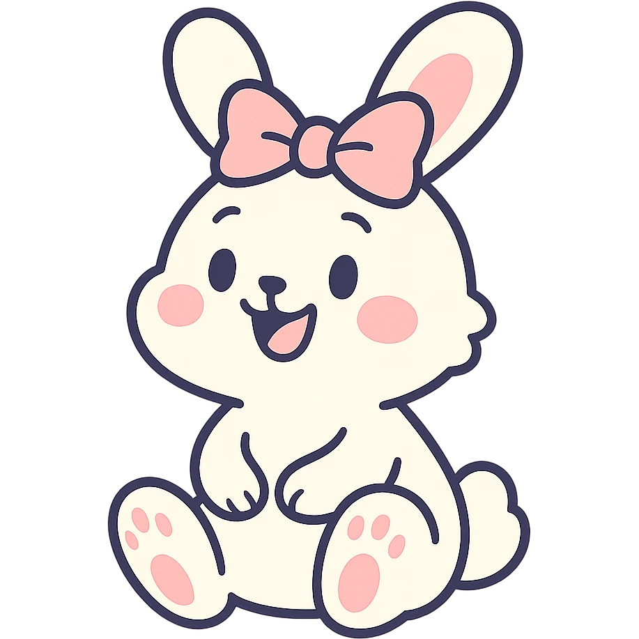 cutesy white bunny rabbit with a pink bow, sitting and smiling, pastel toon style emoji