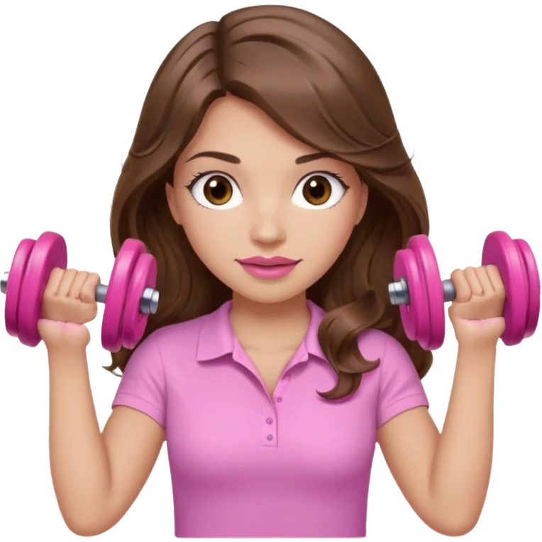 girl with wavy long brown hair, brown eyes, light to medium complexion, long lashes, light pink lipstick, wearing light pink shirt, lifting a pink dumbells emoji