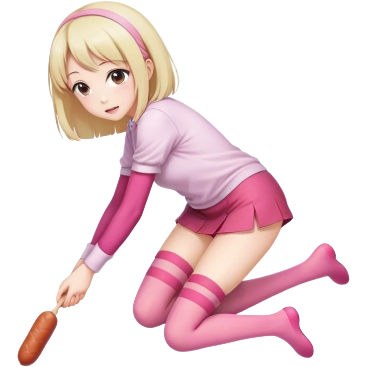 Anime girl in thigh-high stockings, bending over slightly while reaching for a pink sausage. Simple and cute pose, casual outfit, soft shading, playful and charming atmosphere. emoji