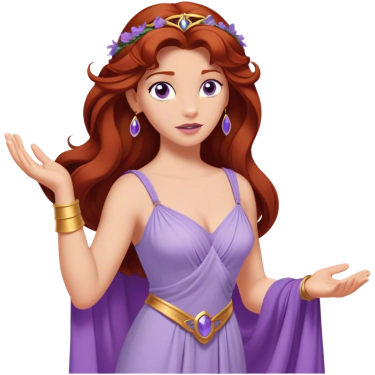 In Disney’s Hercules (1997), Megara is a witty and independent woman with long auburn hair, purple eyes, and a lavender Grecian-style dress emoji
