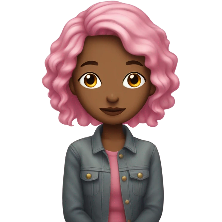 create a girl with pink hair, earrings, who hugs herself, her eyes are covered and her head is slightly bowed on her shoulder. The pose should reflect self-love emoji