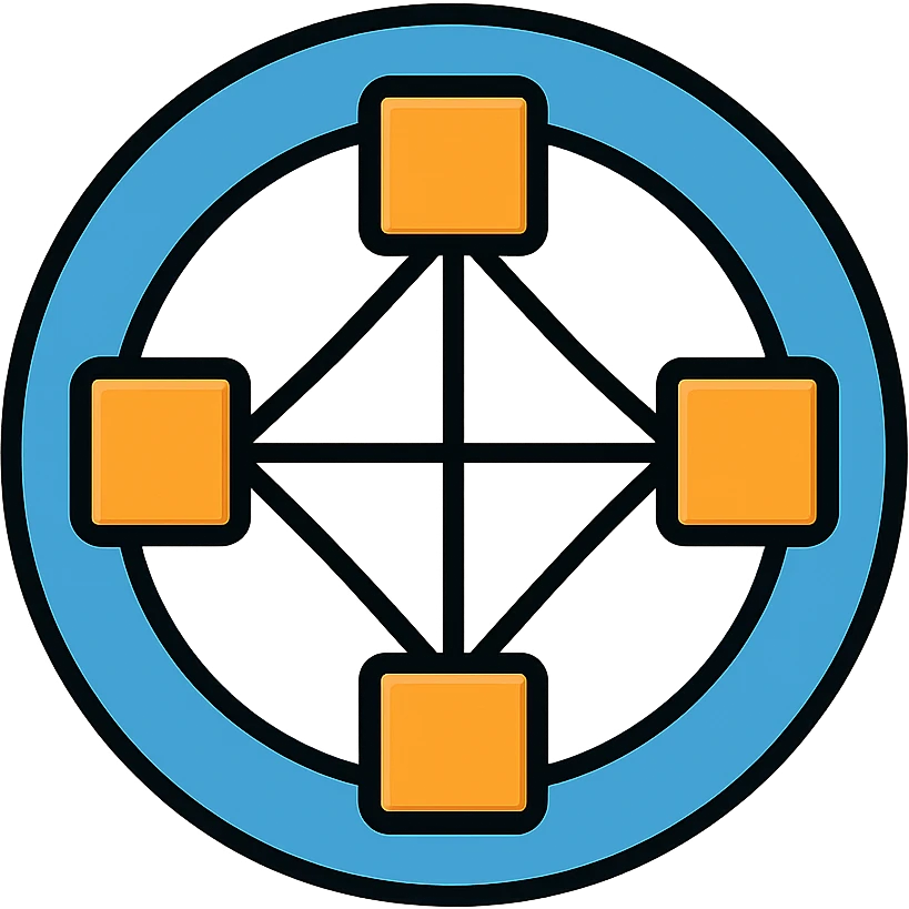 network in a circle form with blue color and realistic brown boxes at intersection points emoji