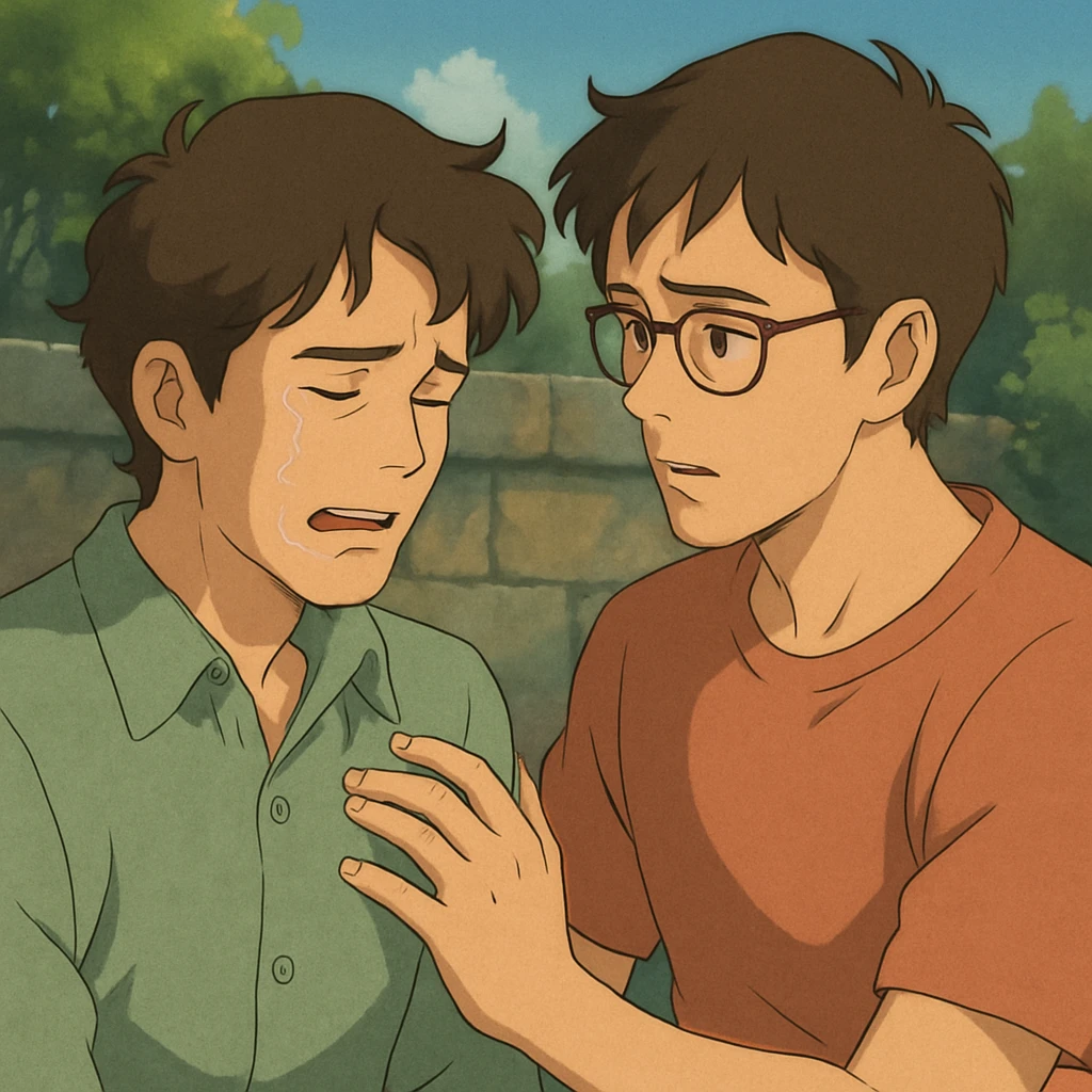 two men, gay couple, breaking up, emotional scene, in ghibli style emoji