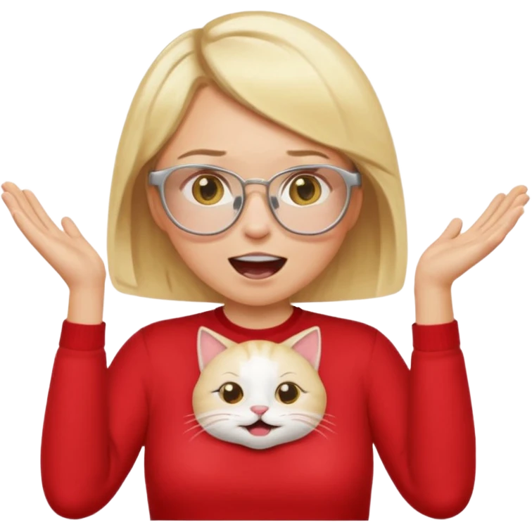 emoji style, waist-up woman with light skin, blonde bob hair, white cat-eye glasses, red shirt, both hands cupped around her mouth, shouting with joy on simple light background emoji