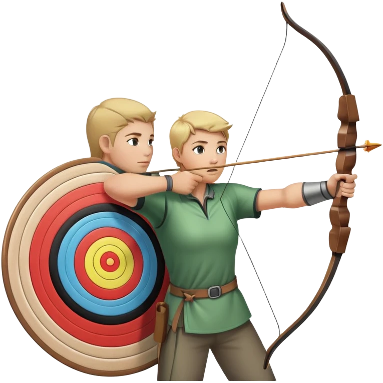 An archer pulling back a bowstring, aiming at a target in the distance. The target features concentric rings, and the scene conveys focus and precision. The background captures the essence of an outdoor archery range, highlighting skill and concentration in the sport. emoji
