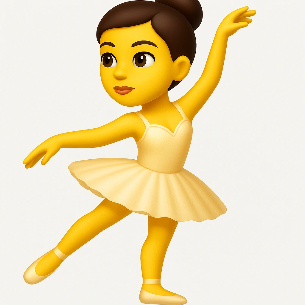 Create a ballerina emoji exactly like the reference image but without the cup head. The emoji should be in iOS emoji style, featuring a classic ballerina pose with a tutu, elegant, smooth, and shiny appearance. Add a subtle highlight to the emoji. emoji