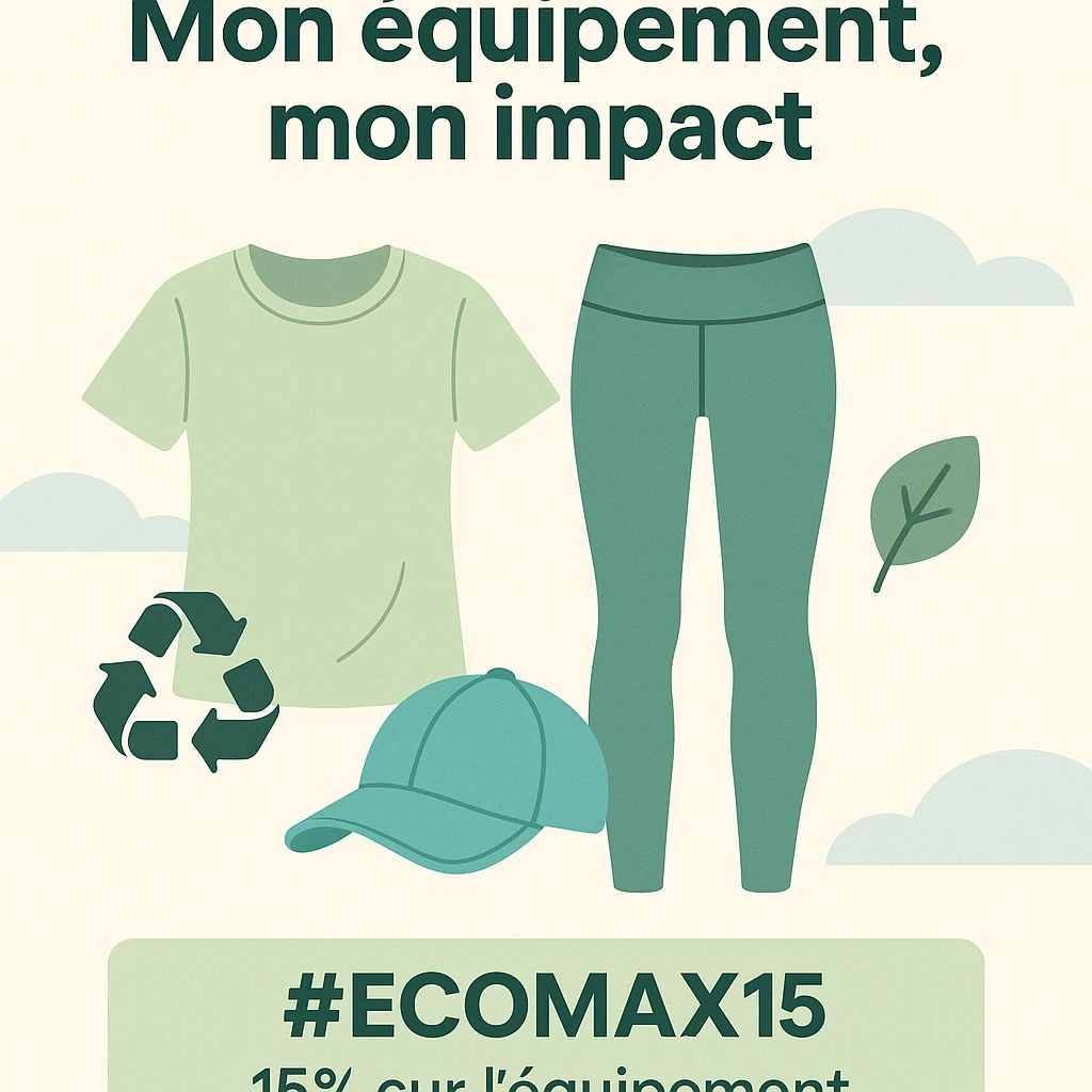 Decathlon app screen, modern style, header with 'Mon équipement, mon impact', stylized illustrations of sustainable sports clothing, eco-responsible pictograms (recycling, leaves), promo banner #Ecomax15, soft green, beige, white, light blue palette, vertical format, sporty and responsible atmosphere emoji