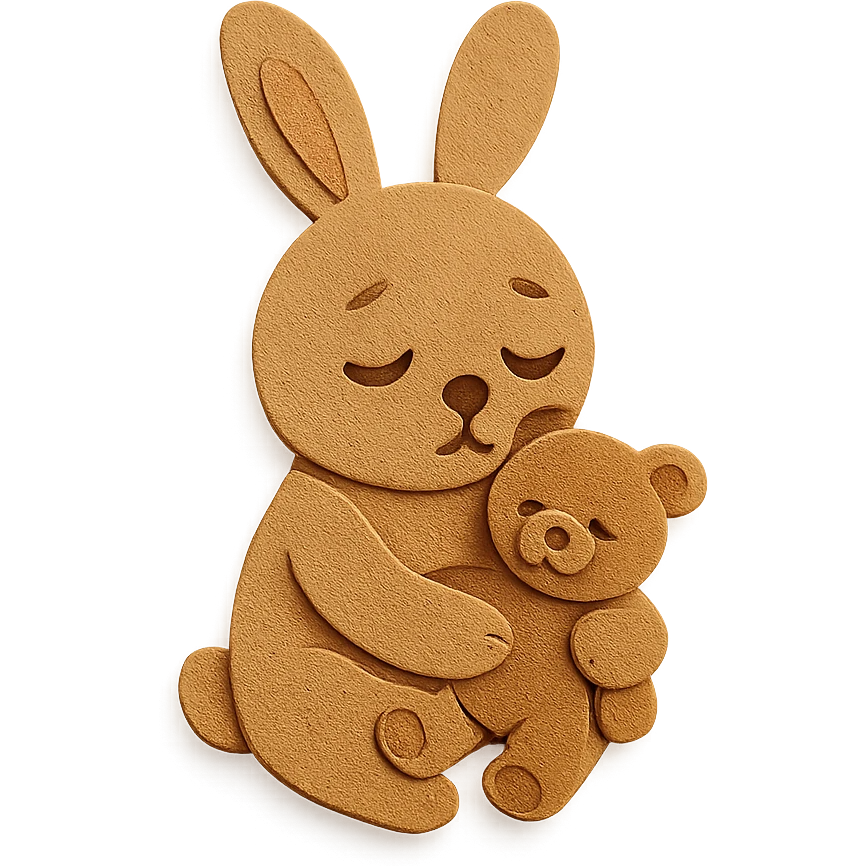 flawless, highly detailed, high quality paper craft style illustration of a caramel-colored bunny holding a teddy bear, eyes drooping, perfect proportions, no imperfections, intricate textures, soft lighting, delicate cut-paper details emoji