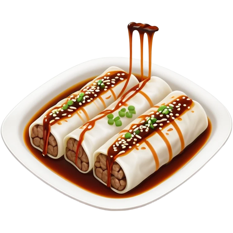 Beef rice noodle roll Ngau Yuk Cheung Fun with dark sauce drizzled on top, simplified emoji style with bold outlines and bright colors, cartoon style Cantonese street food emoji