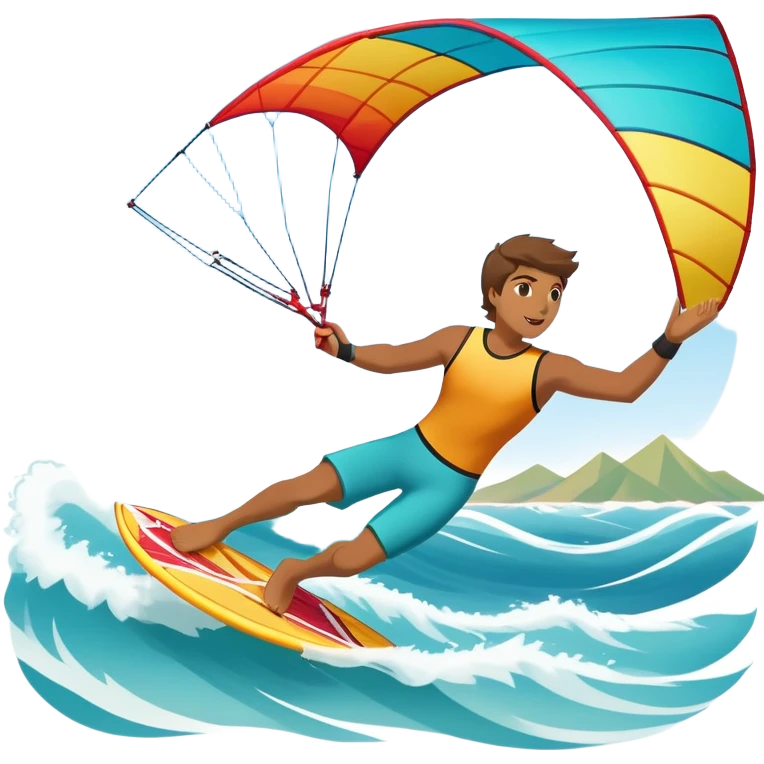 A kite surfer soaring above the waves, holding onto a kite with the wind in full force. The background showcases the ocean and sky, emphasizing the freedom, thrill, and energy of the sport. The motion of the kite and board is dynamic, capturing the excitement of kiting. emoji