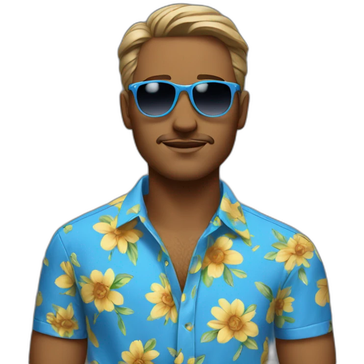 Man with blue flower shirt an sunglasses lookin away emoji