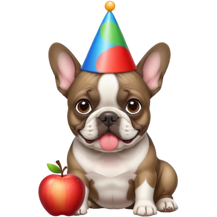 french bulldog with a birthday hat and brindle coloring. please make it apple emoji style please emoji
