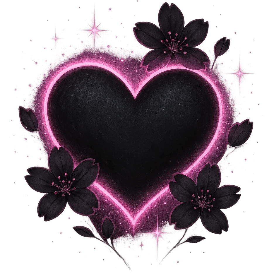 goth sakura black heart with glowing pink outline and magical sparkles, remove background emoji