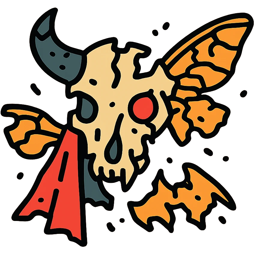 maximum deterioration: a barely-there red line drawing of a single hybrid skull combining minotaur and stoat skull features into one entity (not two separate skulls), with broken horn, one glowing red eye, hints of a cape, and deteriorated moth wings, perimeter mostly missing, extreme fragmentation, massive gaps, severely eroded to near non-existence, like ancient damaged artifact at final stage of decay emoji
