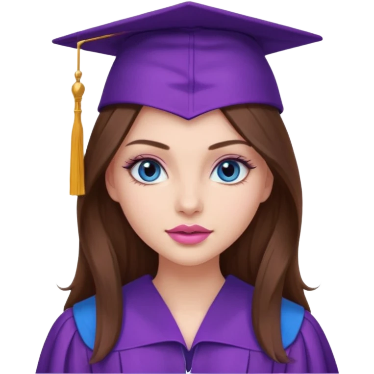 girl with gorgeous long brown hair, blue eyes, long lashes makeup, sexy pink lips, wearing a purple graduation cap and gown emoji