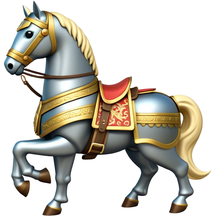 Clash of Clans aesthetic: Cinematic Playful Armored Horse Emoji, rendered in a 3D vector-style similar to standard emojis with minimal shading and bold, simplified shapes. A compact, isometric warhorse outfitted in intricately detailed armor with noble accents, softly glowing with a gallant medieval carriage charm. Simplified yet unmistakably iconic, highly detailed and consistent, glowing with a soft radiant shine and high polish. Stylized with a touch of heroic elegance and a soft glowing outline, capturing the essence of a noble steed ready for battle with a friendly, playful air! emoji
