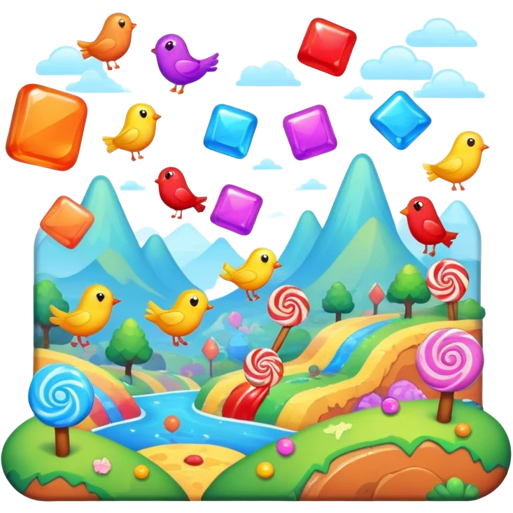An icon representing a casual game, inspired by titles like Candy Crush. The design features colorful puzzle pieces, bouncing birds, and characters running through dynamic landscapes. Vibrant HUD elements like scores and power-ups highlight the playful. Transparent background emoji
