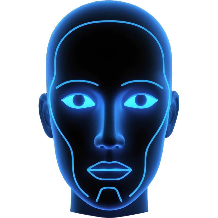 Minimalist futuristic AI avatar — clean glowing outline of a humanoid face, half-abstract with light reflections. emoji