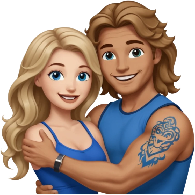 Women with blue eyes and very long, brown blond balayage curled hair in the arms of a man with strong arms a straight face, a very sexy man blue eyes and tattoos on his arm. They are laughing  emoji