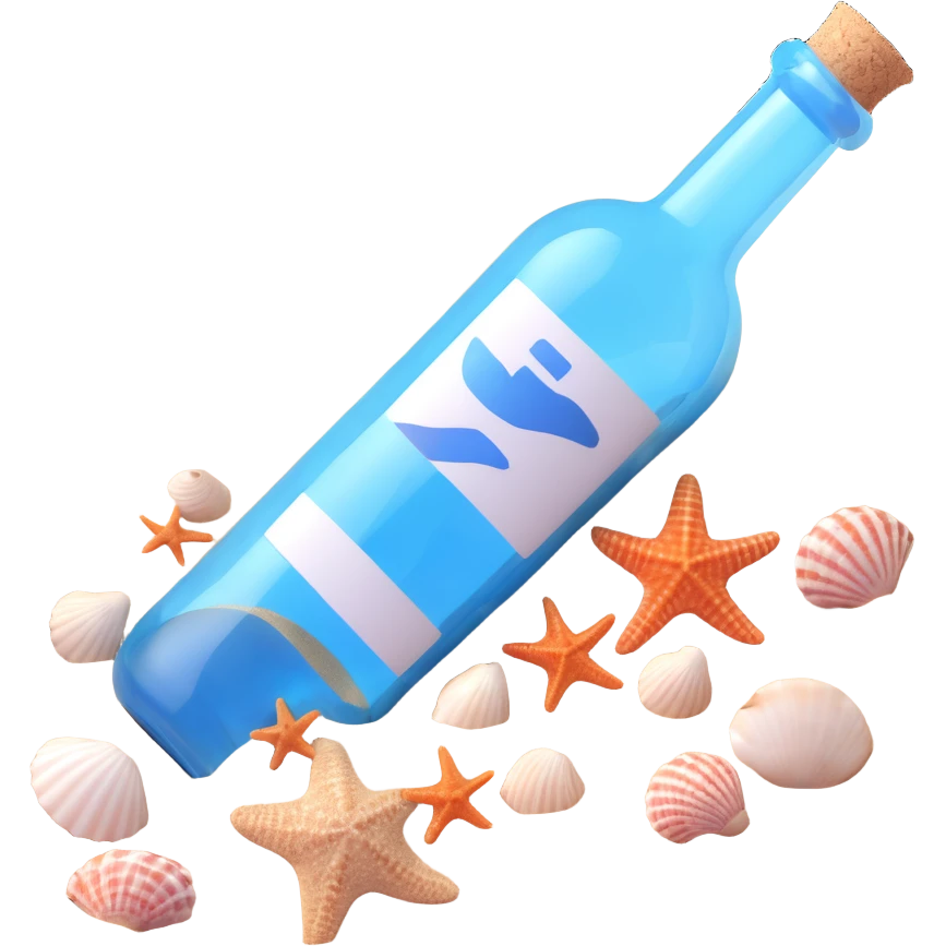 blue ticket inside a bottle, partially buried in sand with seashells emoji